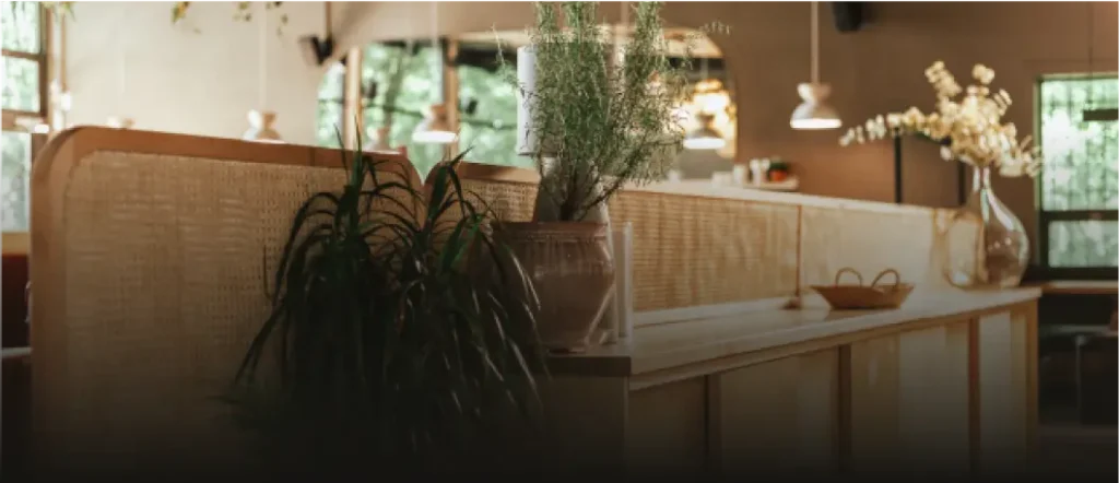 Modern restaurant interior with natural wood accents and custom live edge tables in Ottawa.